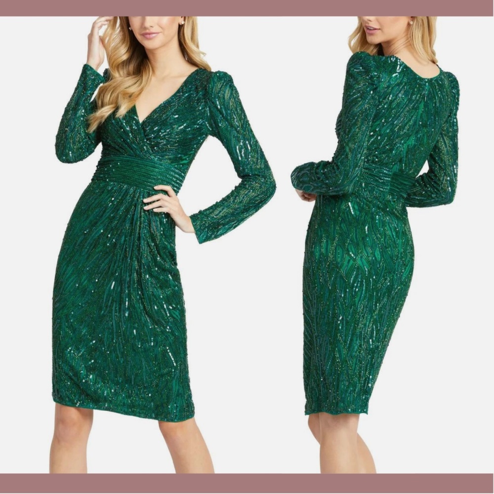 NWT $498 Mac Duggal [ 16 ] Long Sleeve Embellished Sequin Dress‎ Emerald Green